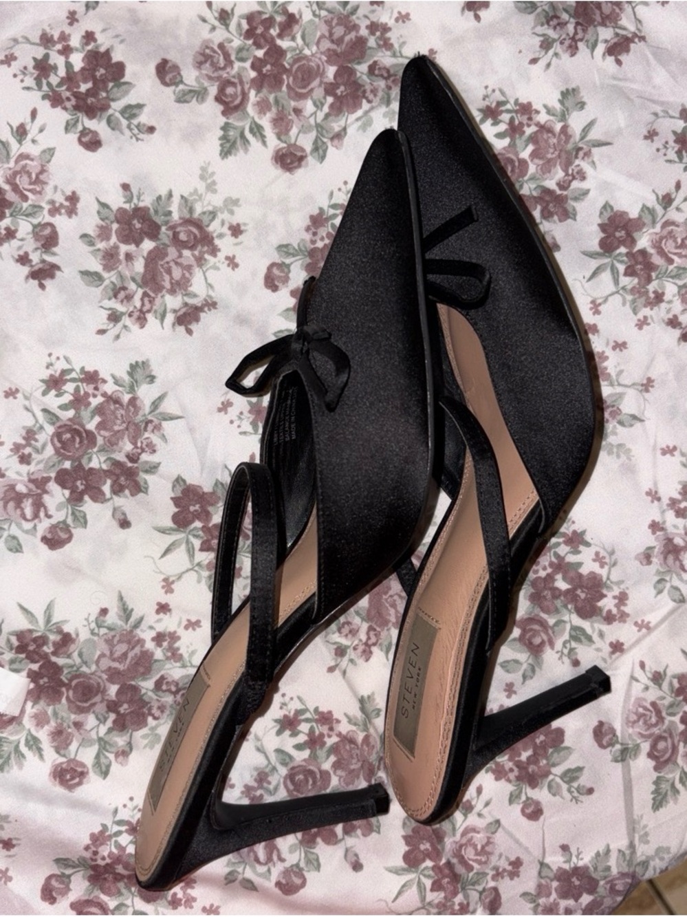 Steven by Steve Madden Black Satin Pointed Slingback Heels